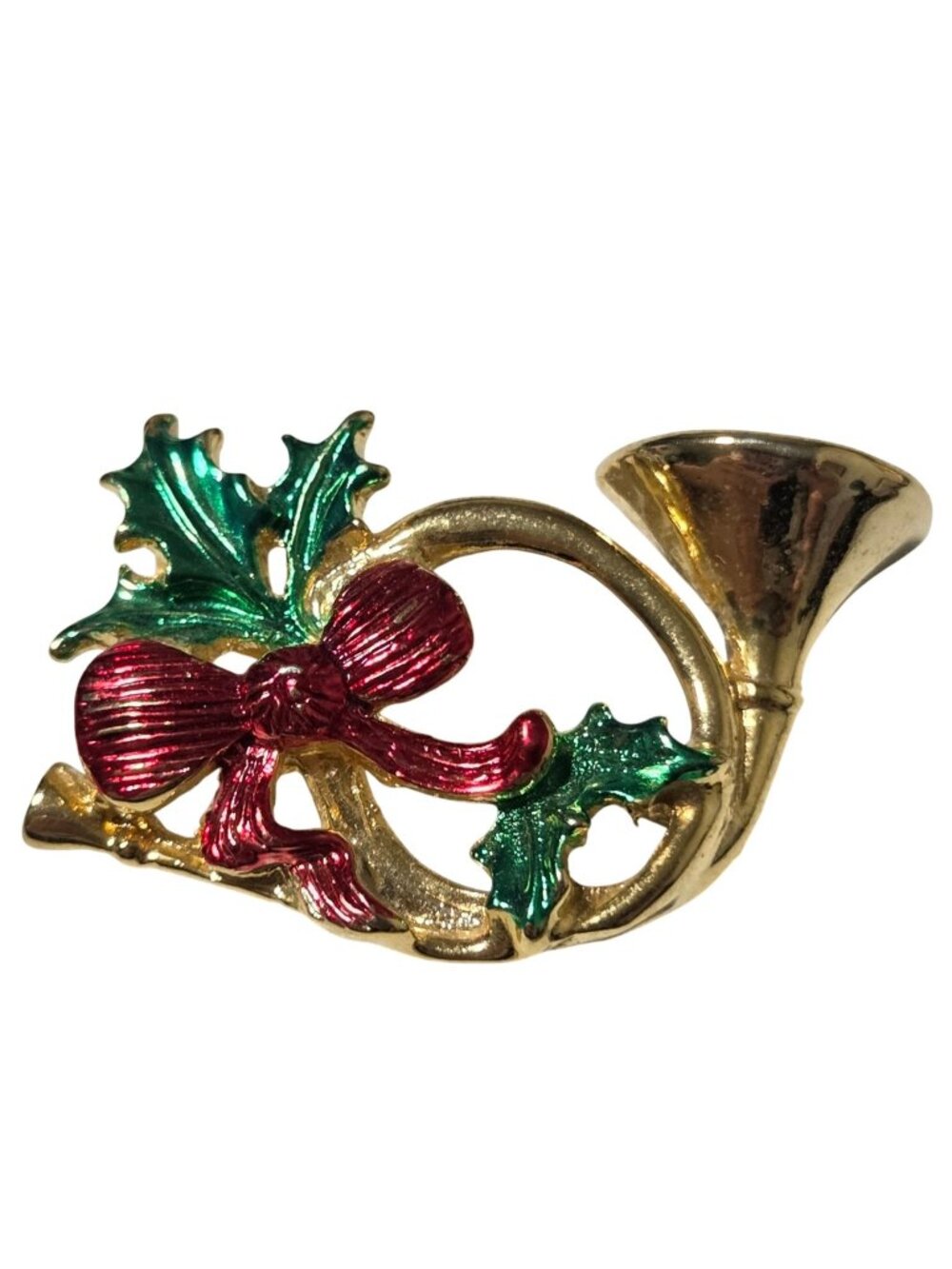 Vintage Christmas French Horn Brooch Red Bow Green Holly Accents Holiday Pin